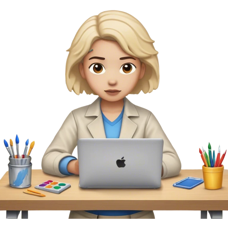 A person is **standing up from their desk**, a determined look on their face. In front of them is a an open laptop, or a workbench**—a symbol of **taking action**. Their **future self**, glowing with confidence, is **guiding their hands as they type, paint, build, or create something emoji