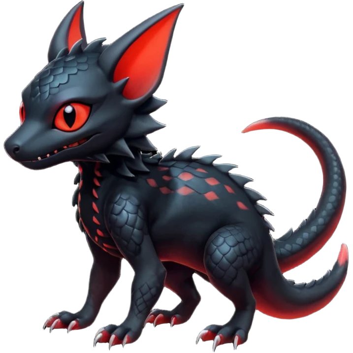 Futuristic Black Dark Abyssal Ethereal Modern Salandit-Litten-Noibat-Abyss-Lykoi-Fakémon-creature-hybrid Full Body emoji