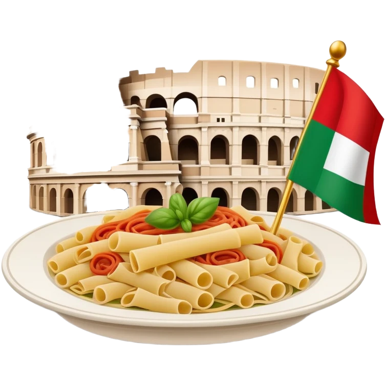 An icon featuring the Colosseum and the flag of Italy, symbolizing the Italian language. The design includes an open book with Italian phrases and a plate of pasta, representing language learning and cultural heritage. Transparent background emoji