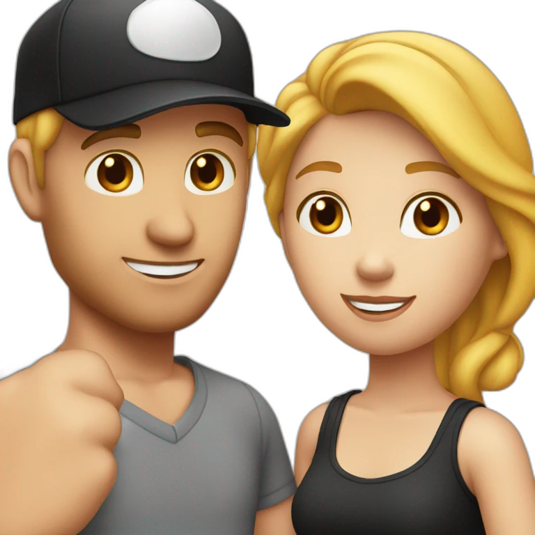 couple blond man with black cap and white shirt, woman with red hair shirt with neckline emoji