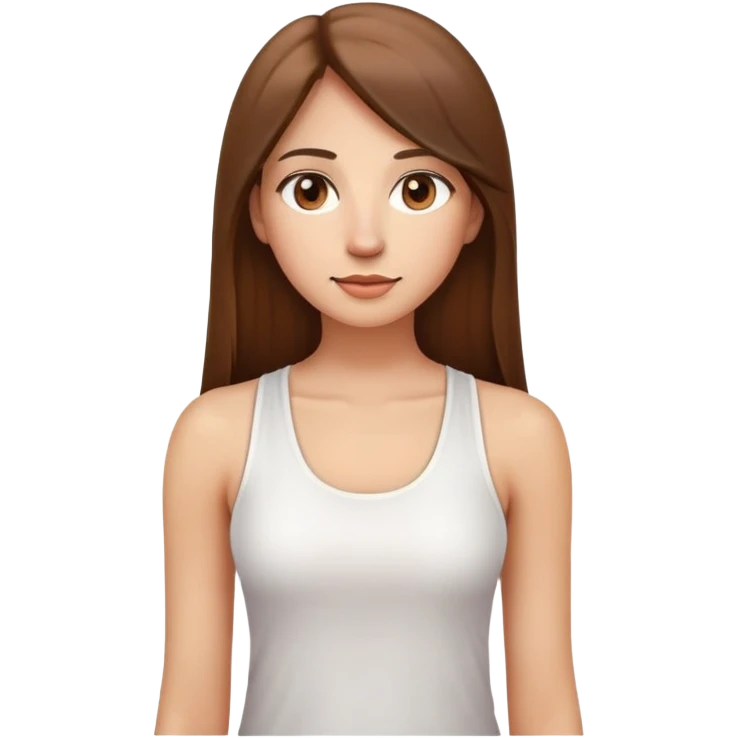 A woman with a round face, big round nose, long straight brown hair, and brown eyes, wearing a white tank top. The style should resemble the Apple emoji design, with a smooth, simple appearance and bright, clear features. emoji