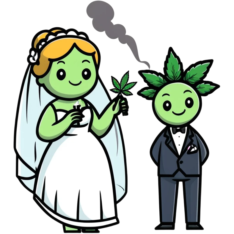 Full body view of person in fancy clothes sneaking into a wedding ceremony with a mischievous grin, uninvited guest, smoking cannabis emoji