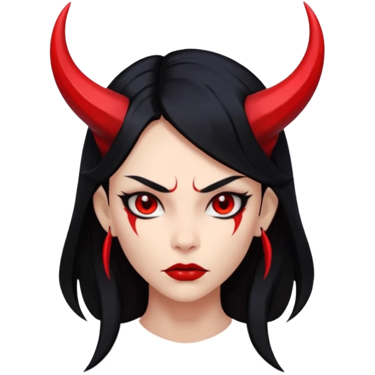 Head demon girl, strong pronounced cheekbones, sharp angular jawline, skin fully pure red everywhere, long straight sleek black hair, small horns emoji