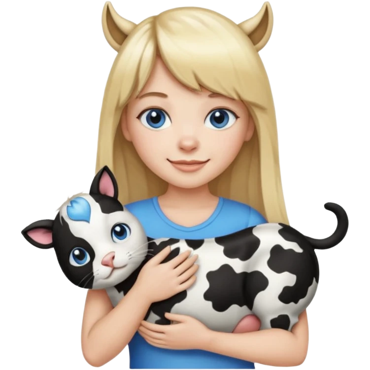 Apple-style emoji sticker of a young woman with long blond hair and straight bangs, blue eyes , holding a black-and-white cow-pattern cat on her chest, both smiling.  emoji