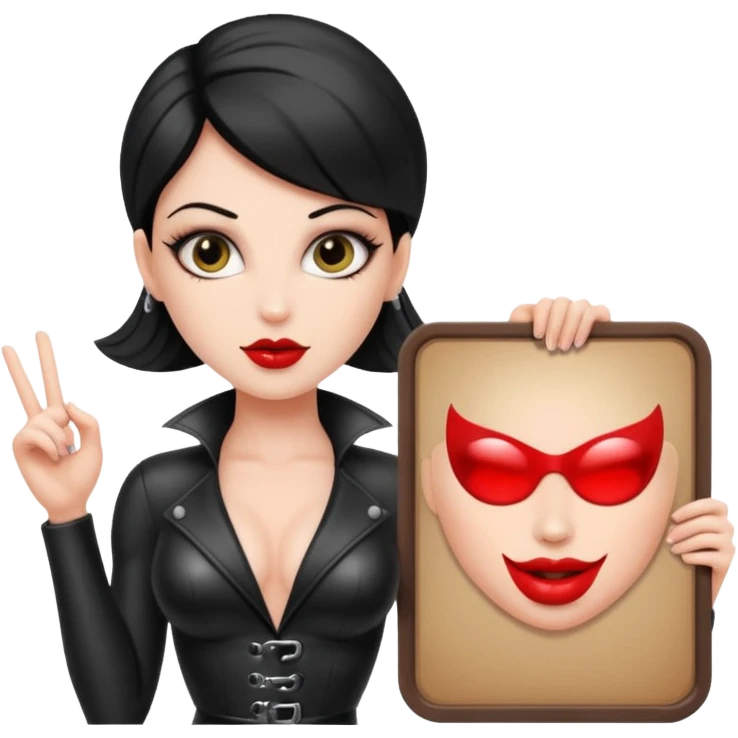 A dominatrix holding a large sign emoji