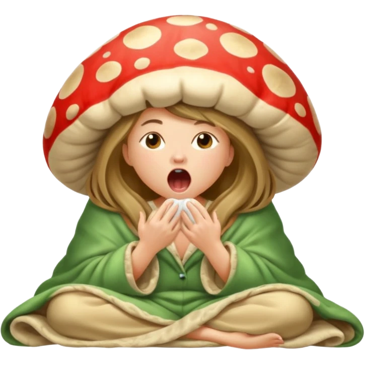 woodland spirit girl in mushroom pajama and oversized blanket yawning emoji