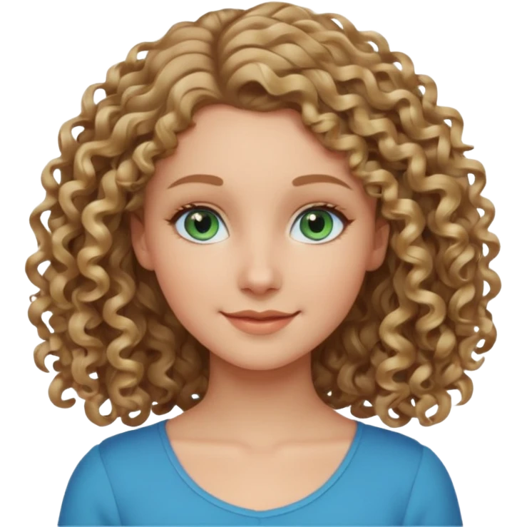 white girl, dark blonde curly hair, blue-green eyes, shoulder length, gentle smile emoji