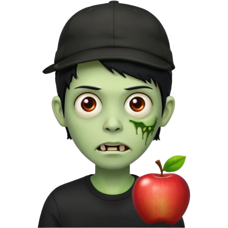 Green zombie, black hair, designer cap turned to the left, black shirt. Apple iOS style. emoji