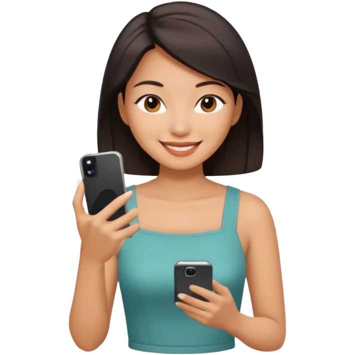 페르소나 요약 : 휴대폰을 보고 즐거워하는 여자, 40대의 아시아 여성이 휴대폰을 보면서 미소를 짓고 있어요. emoji