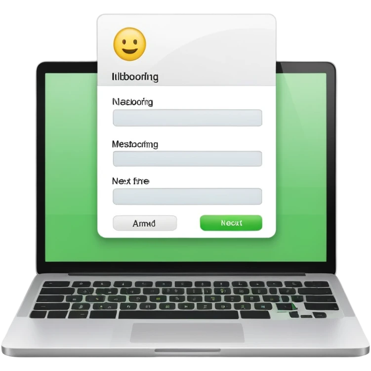 A emoji-style illustration of a laptop front facing with its screen showing onboarding form. On the screen, display a small white form card with a few simplified input fields. Add a bright green 'Next' button at the bottom of the card. emoji