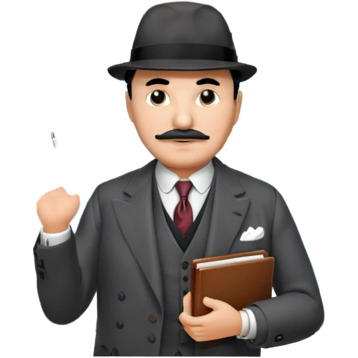 A cinematic-style frame showing Hercule Poirot in his iconic suit with a notebook in a dramatic detective pose. Background should be mysterious city, map, a board with photos of suspects, clues like fingerprints. Transparent background. emoji
