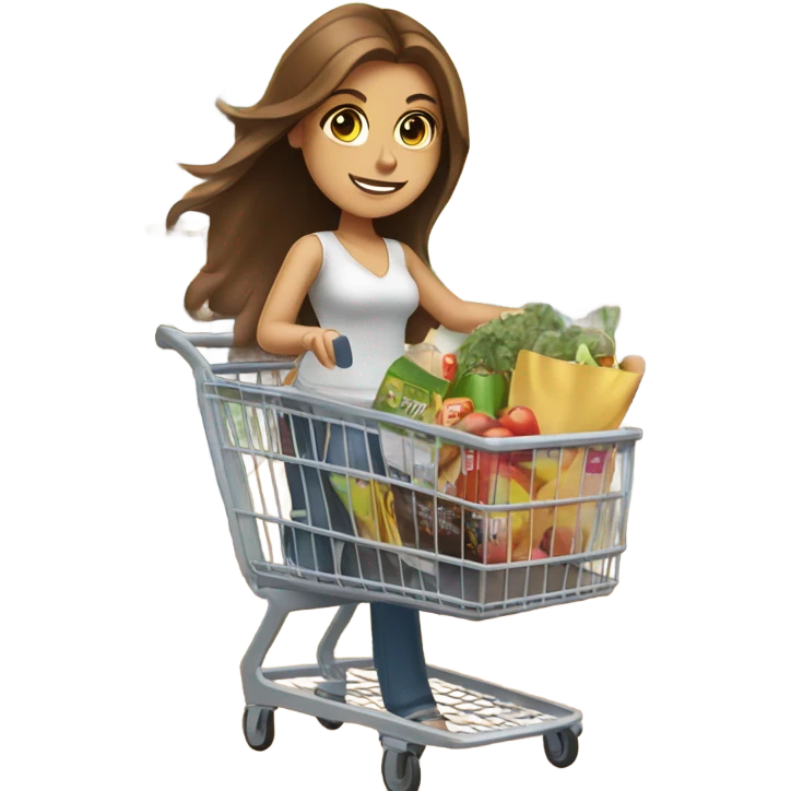 Lady with long brown hair and brown eyes with shopping cart and coupons emoji