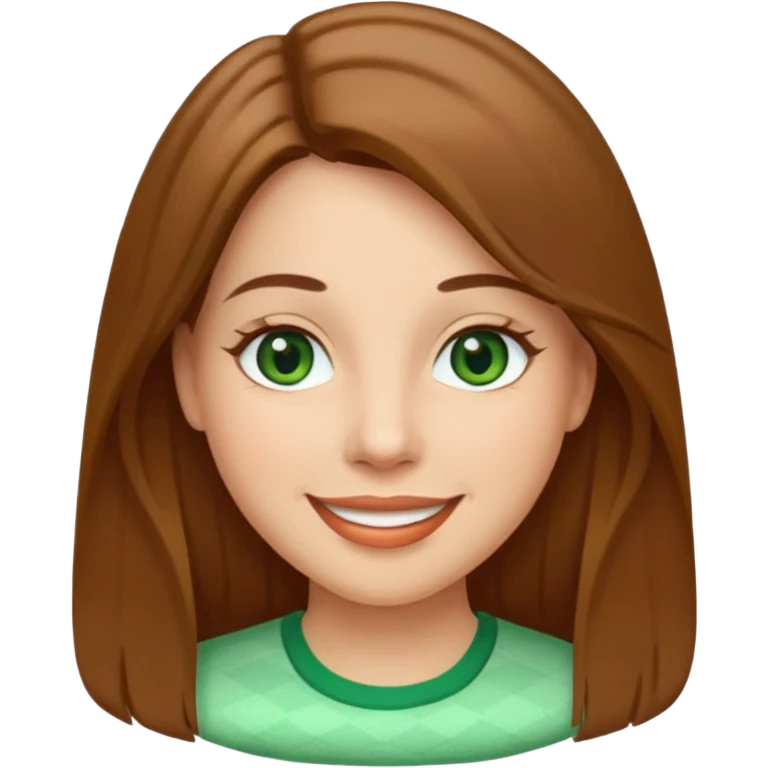 Adult woman avatar, light skin tone, oval face, straight long brown hair, green eyes, neutral mouth, seersucker emoji