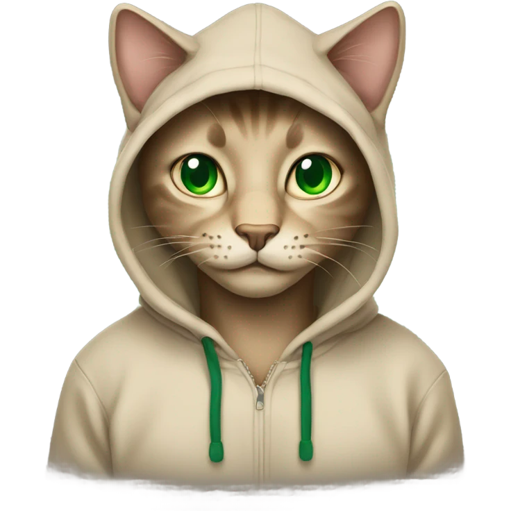 Bkack cat green eyes wearing beige hoodie emoji