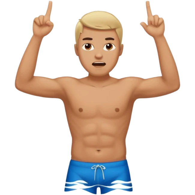 man with anger in swimming pool open arms and finger up on air emoji
