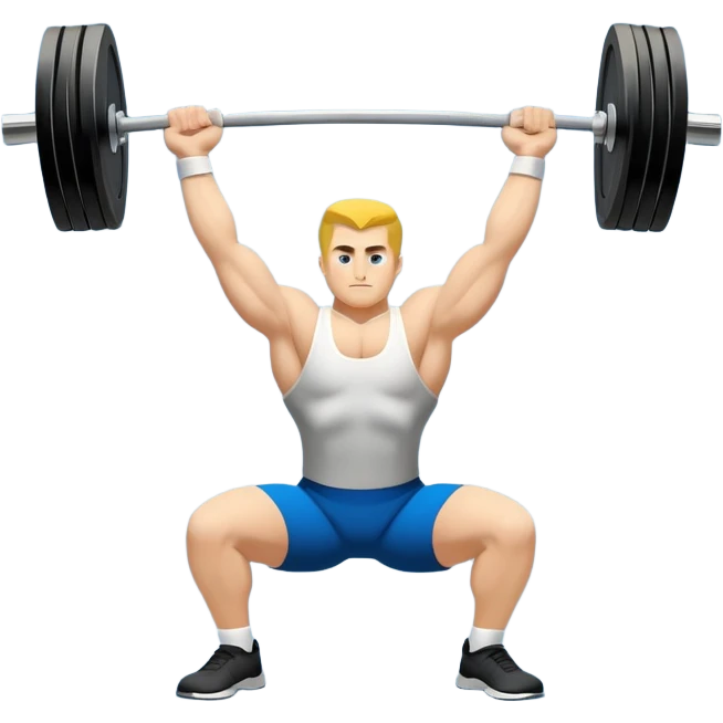 Emblem symbolizing weightlifting, featuring a barbell with heavy weights on either side, lifted above a strong, determined figure. The design conveys strength, focus, and the precision required in the sport. The barbell is centered, with a dynamic, bold style to emphasize power and athleticism.  emoji