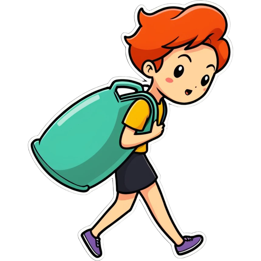 a woman straining with a difficult expression carrying something very heavy on her back, cartoonish sticker style emoji