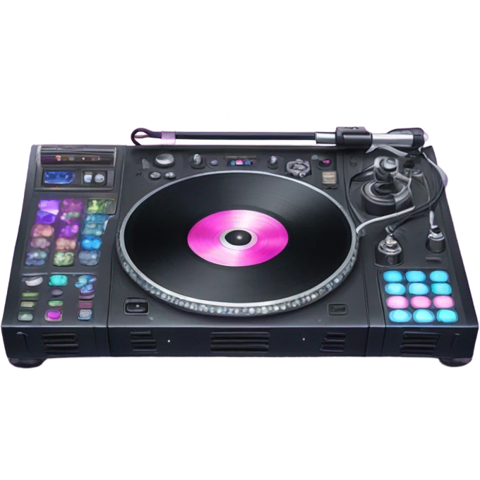 Realistic DJ turntable setup with pink,blue,and purple sparkling diamonds and rhinestones on it and sound console in the middle. emoji