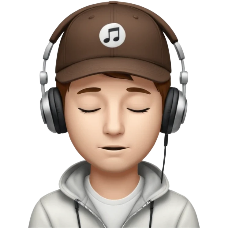 dj man white with baseball cap - rayban glasses - brown hair - closed eyes with headphones on with musical note over head (listening to music ) - eyes closed no glasses  emoji