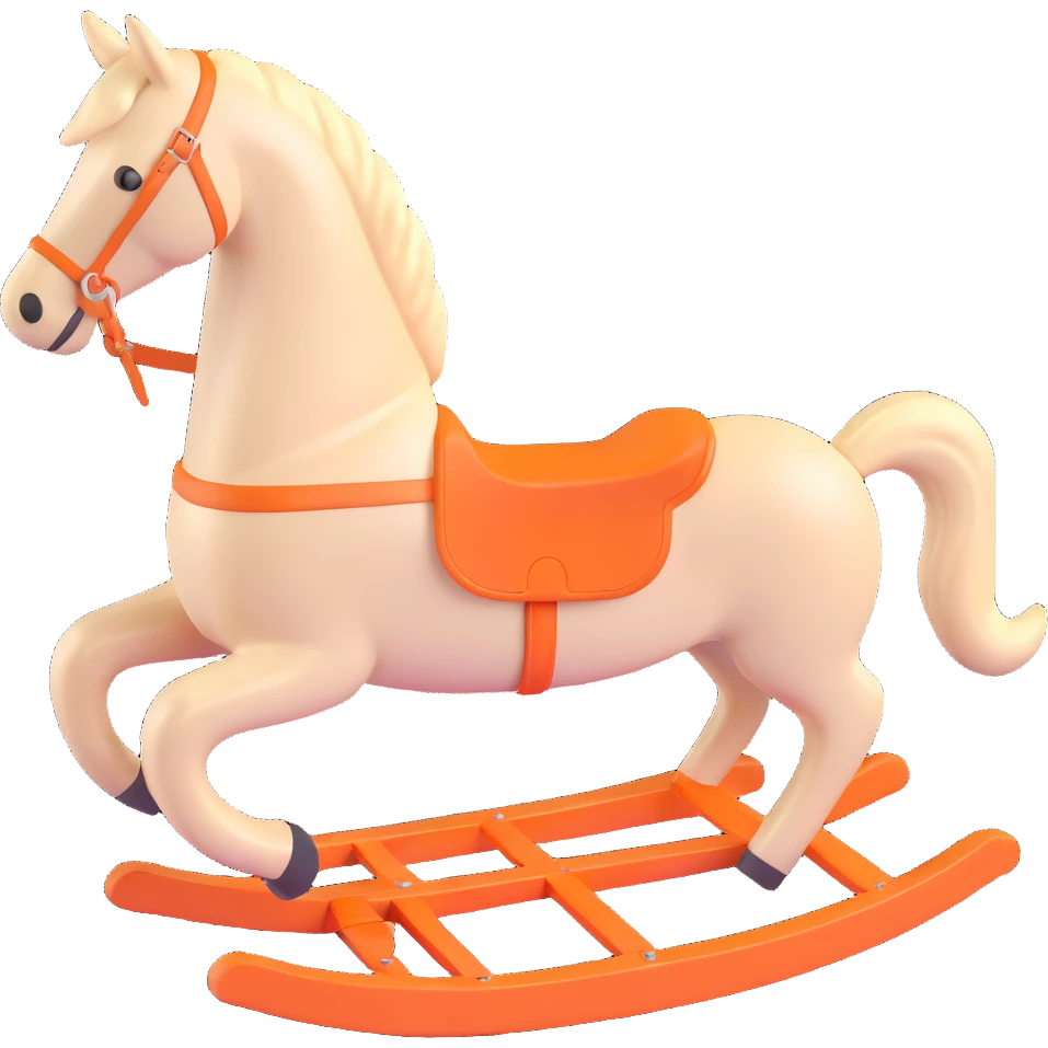 rocking horse, 3D style, pine wood light color, Hermès orange accent, minimal design, no text emoji