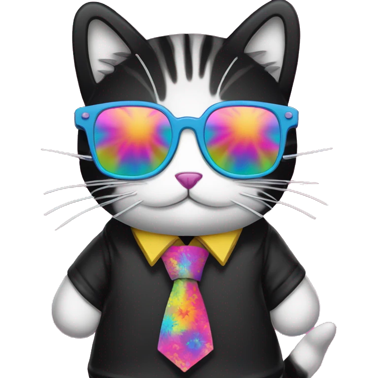 Psychedelic trippy tie die cartoon kawaii miffy Cathy hello kitty cat wearing black sunglasses  emoji