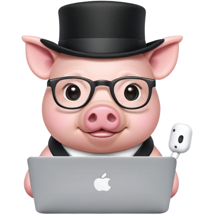 Cute mini pig coding on macbook pro wearing glasses, airpods pro and top hat emoji