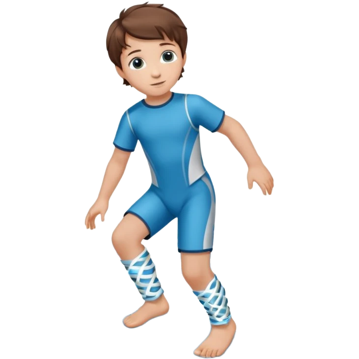 A little male child with a nice outfit and  curled brown hair and orthopedic ankle-foot orthosises (AFO) for a small child. The brace goes just below the knee and its with a bright blue water-like pattern with a spiral side design. emoji