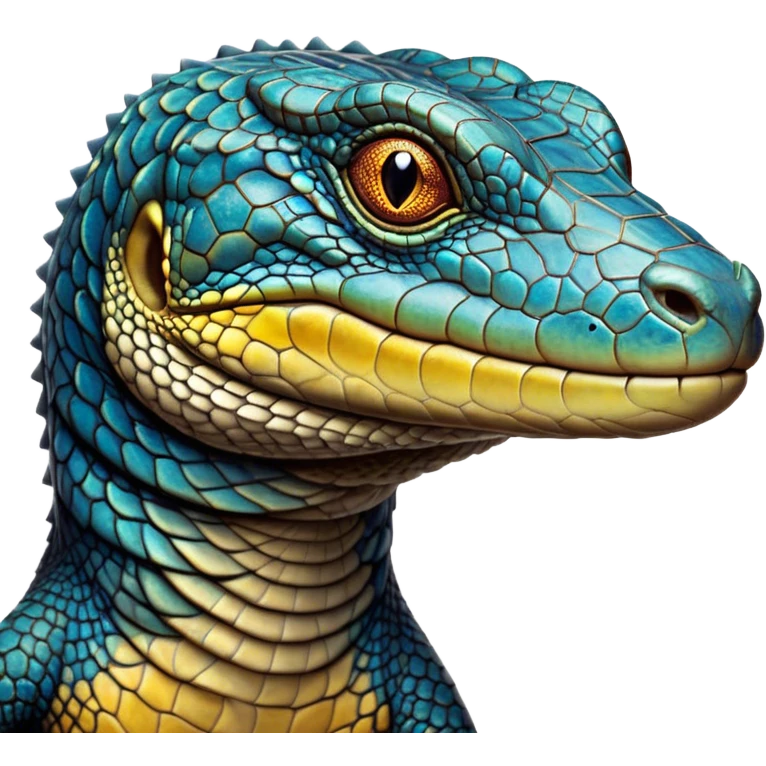 Cinematic Noble Monitor Lizard Portrait Emoji, Poised and regal, with a robust, scaled body exhibiting striking, mottled patterns and piercing, alert eyes, Simplified yet sharp and sophisticated features, highly detailed, glowing with a soft, earthy glow, high shine, intelligent and formidable, stylized with an air of ancient wilderness, focused and commanding, soft glowing outline, capturing the essence of a watchful and confident reptilian guardian that appears ready to stride out of the screen with effortless authority! emoji