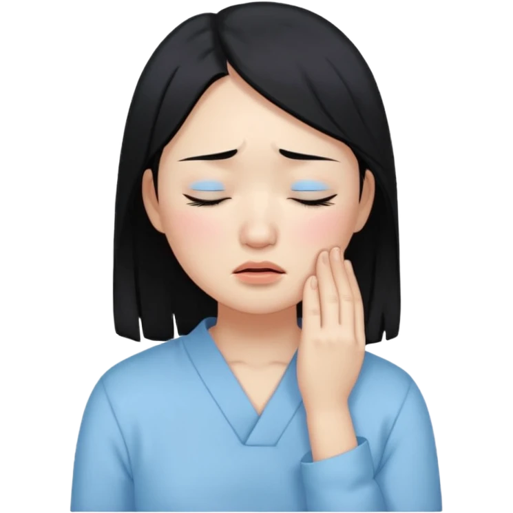 A crying East Asian woman with black hair, wearing light blue clothing. Her skin appears dry, closing her eyes and crying emoji