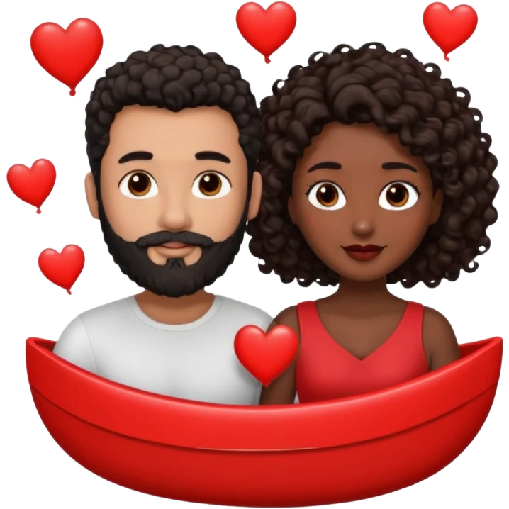 pareja de Mujer morena rizada cabello largo castaño ojos oscuros y hombre blanco cabello negro corto (no es rizado) con barba  y ojos marron al rededor de la pareja corazones emoji