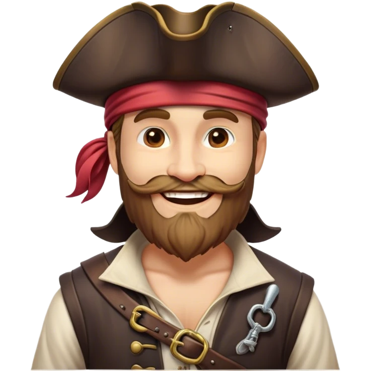 Clash of Clans aesthetic Cheerful Pirate Portrait Emoji, With a bright, confident smile and a relaxed yet adventurous posture, showcasing a stylized, rugged build with a classic pirate hat and a neatly groomed beard, his face in natural skin tone, Simplified yet expressive features, highly detailed, glowing with a soft, luminous maritime radiance, high shine, upbeat and daring, stylized with an air of classic swashbuckler allure, soft glowing outline, capturing the essence of a cheerful pirate ready to chart epic voyages! emoji