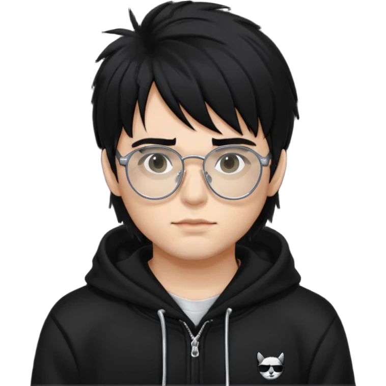 chrome hearts glasses,man, black hair,white,normal,fluffy fringe,black hoodie emoji