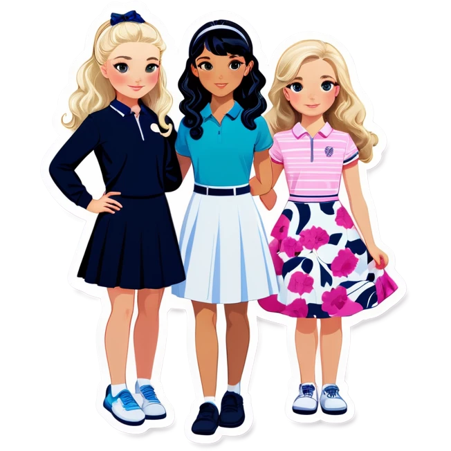  one  girl with shortish straight black hair and white skin with golf clothes on, one American girl with long curly dirty blond hair and a floral dress on. All three are teens. They are all friends emoji