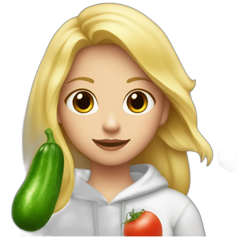 blonde girl  eating  cucumber and tomatoes with white hoodie iridescent and a crown princess emoji