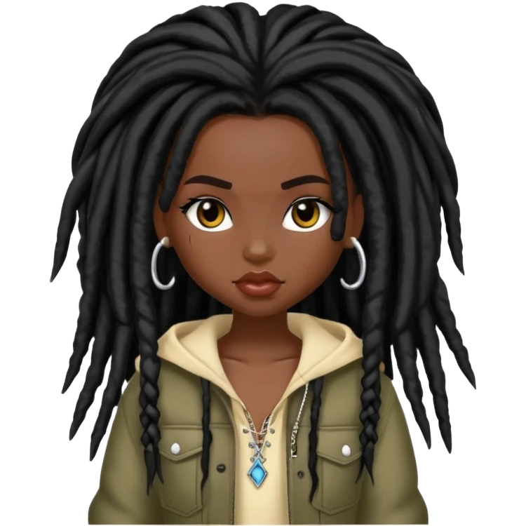 pretty bratz baddie, dark black skin, black dreads hair (black people hair) emoji