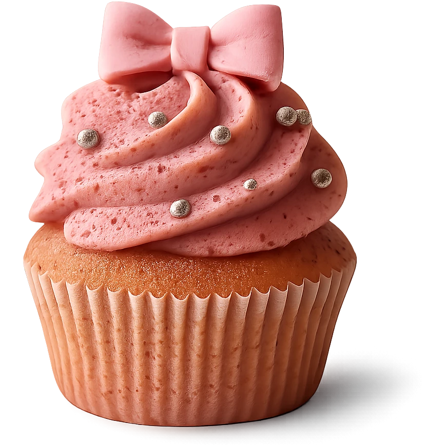 Change the icing to strawberry flavor, keep the realistic cupcake and accessories, photorealistic style, transparent background. Maintain the realistic look and details of the cupcake and accessories while changing the icing to strawberry. emoji