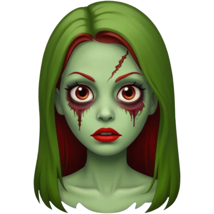 Zumbi feminino, de pele verde, cabelo longo liso e castanho. Labios vermelhos, rosto oval e cilios grandes emoji