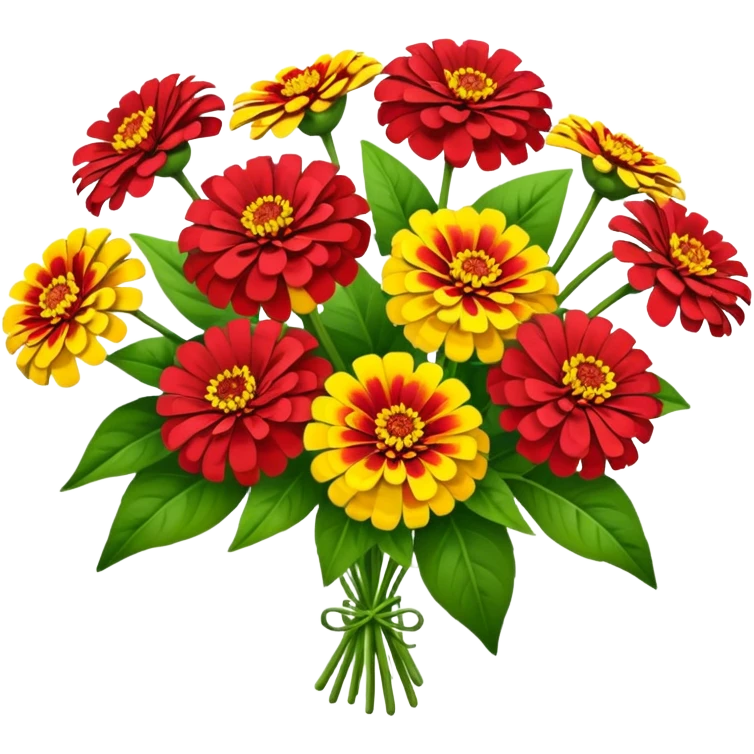 bouquet red Yellow Zinnia, luxuriant, stem, leaf emoji