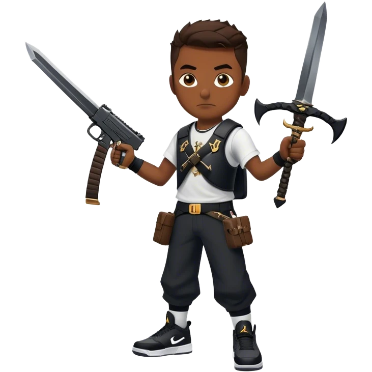 A guy with a pistol and swords and Nike tech and Jordan 4 black cats emoji