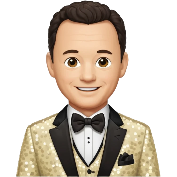Tom Hanks with dark brown hair, cream sequin suit with bow tie emoji