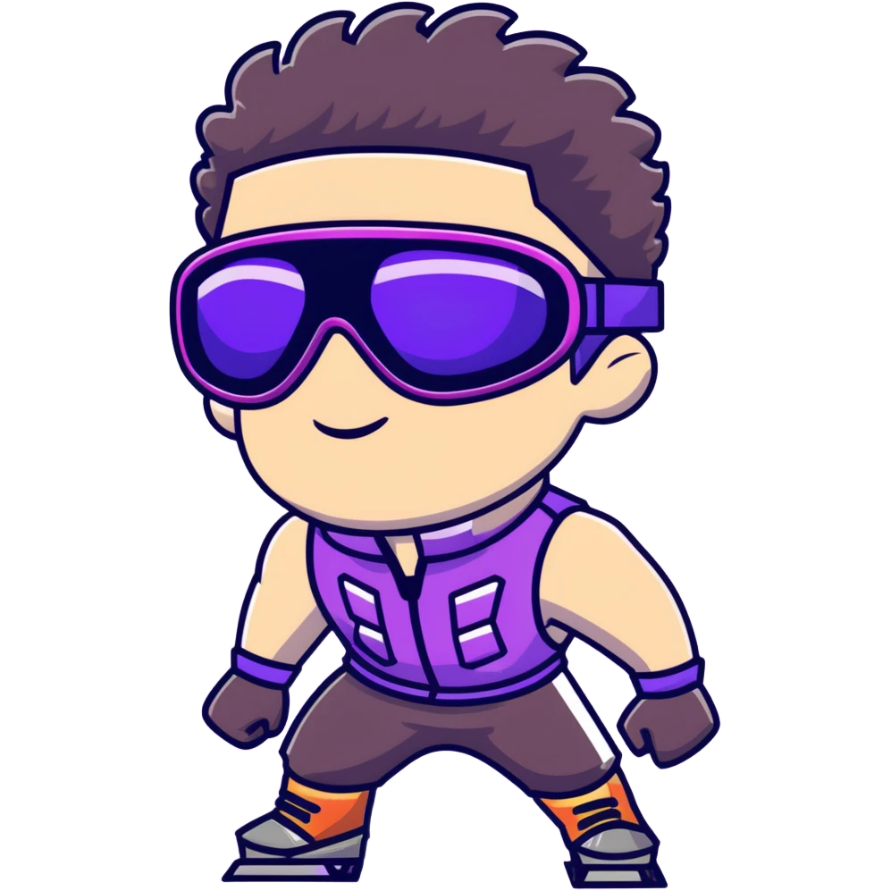 male athlete with white skin and moderately curly dark brown hair on top with shaved sides, wearing ski goggles with purple frames and very dark black lenses, a simple plain black chain necklace, and a completely unzipped sleeveless vest with purple and black sequin fire pattern design with no logo, fully revealing his chest, shoulders and arms, no earrings emoji