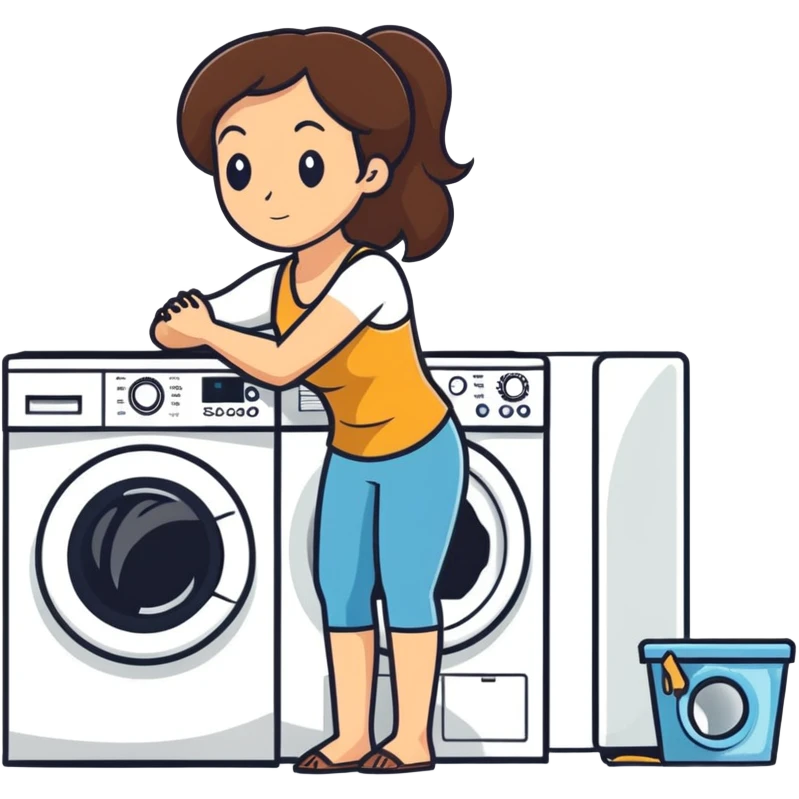 Caucasian woman with brown hair and huge boobs wearing a tank top kneeling next to washer and dryer emoji