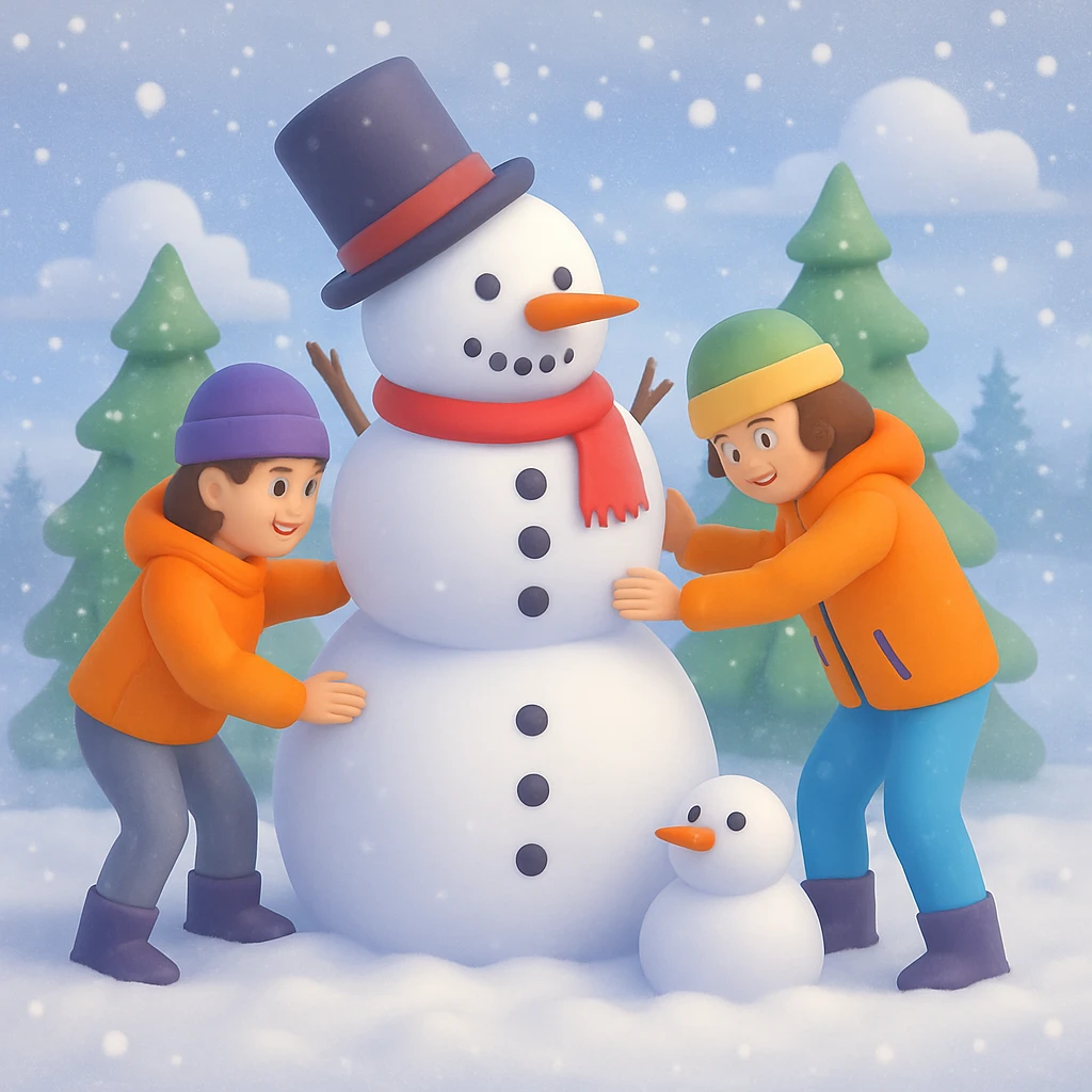 Add a snowy background behind the kids building a snowman, keep the original 3D emoji style emoji