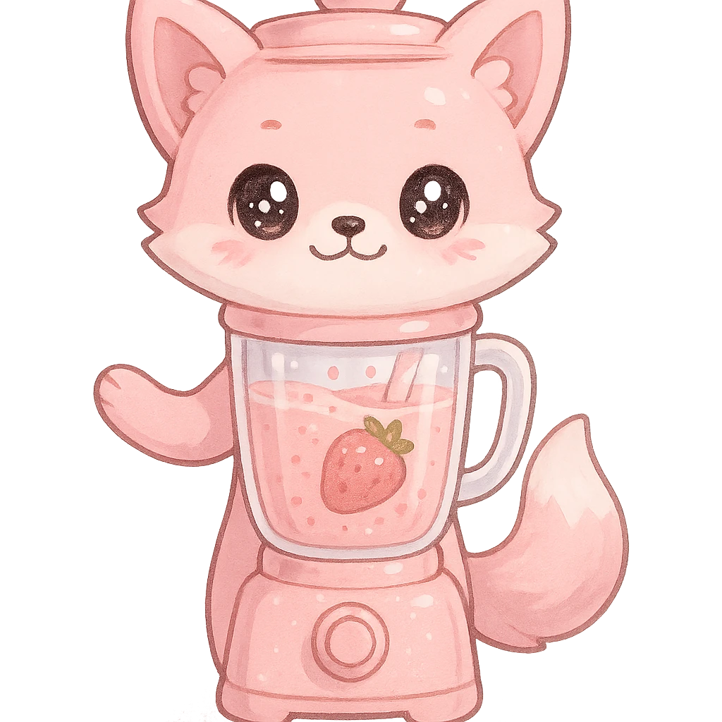 full-body pastel pink fox shaped like a blender with transparent body showing a fruity smoothie inside, sparkling eyes, transparent background emoji