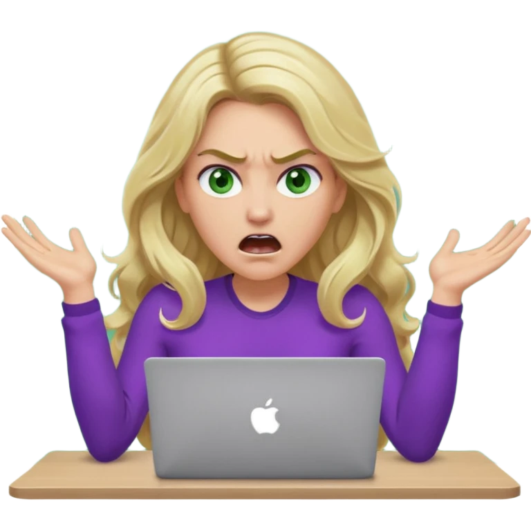 lady with long wavy blonde hair, purple top, green eyes, at desk with hands and face gesturing very angry and shouting, with a purple mac laptop  emoji