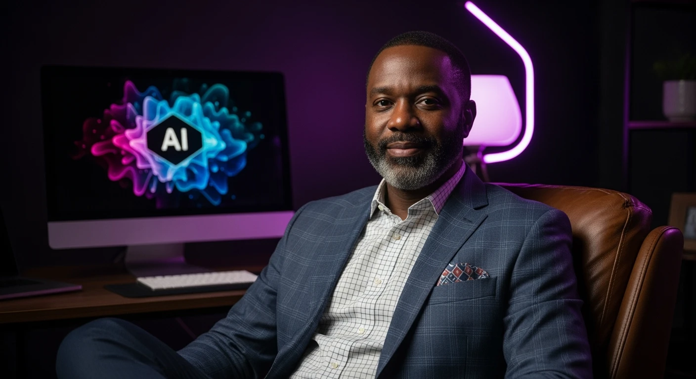 Course thumbnail, Photo of a business sitting on chair looking at camera, in background is computer with AI art on it, white softbox key light, environment is dark background but have proffesiona purple ambilight and leading lines, image feels proffesional and clean, rule od thirds emoji