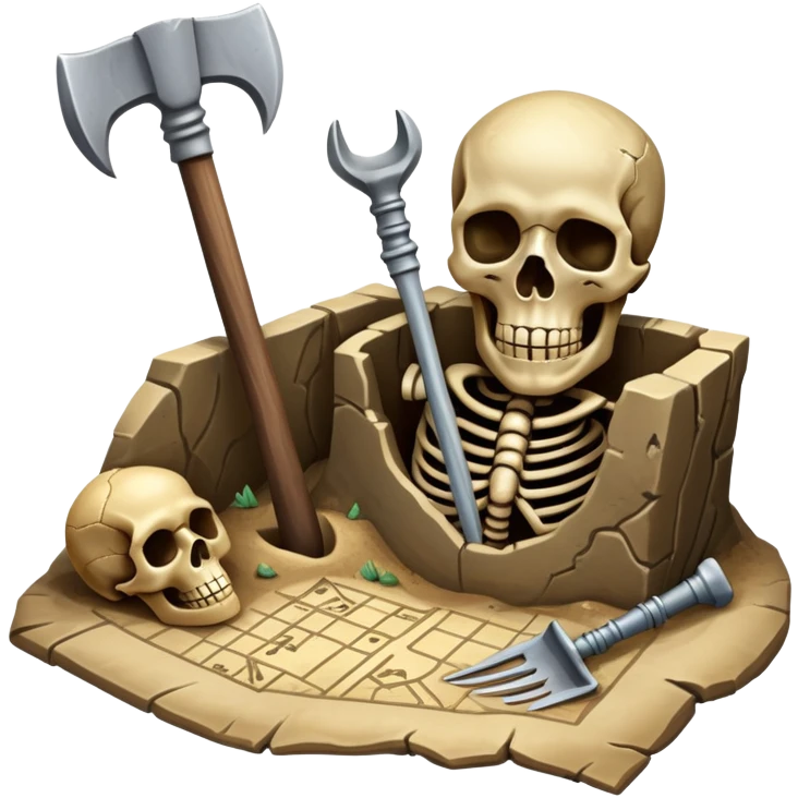 An icon featuring a shovel, pickaxe, and ancient artifacts, symbolizing archaeology. The design includes a partially unearthed skeleton and a treasure map, representing the discovery of past civilizations. Transparent background emphasizes the adventure of uncovering history. emoji