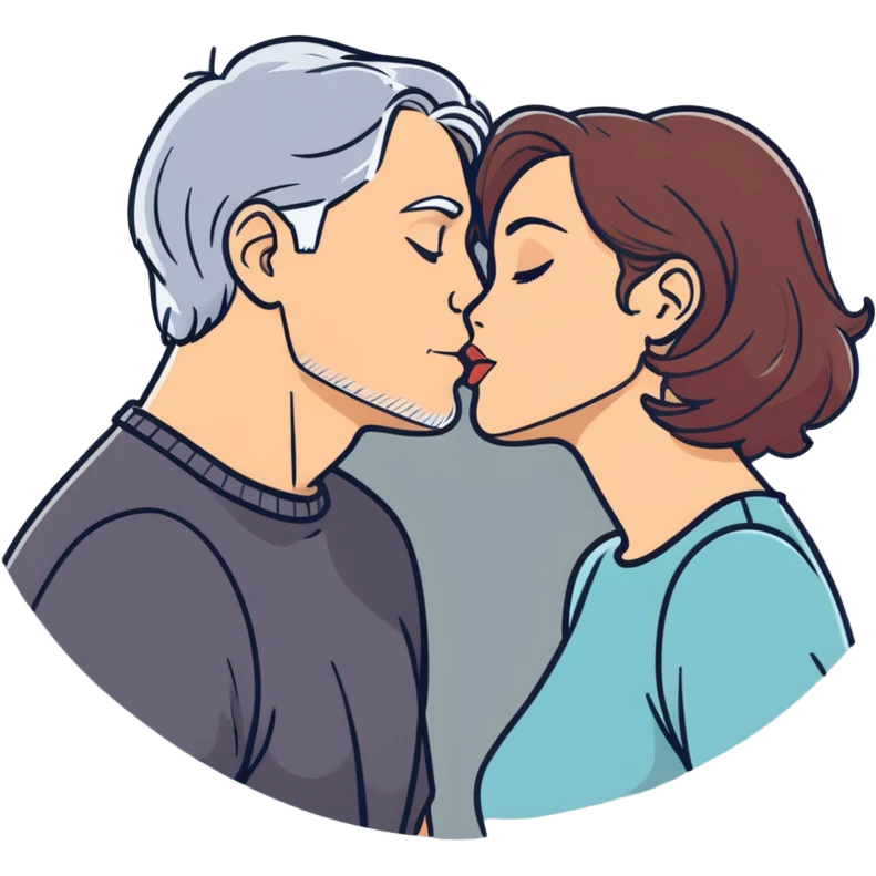 Couple kissing passionately man with gray hair and woman with auburn hair emoji