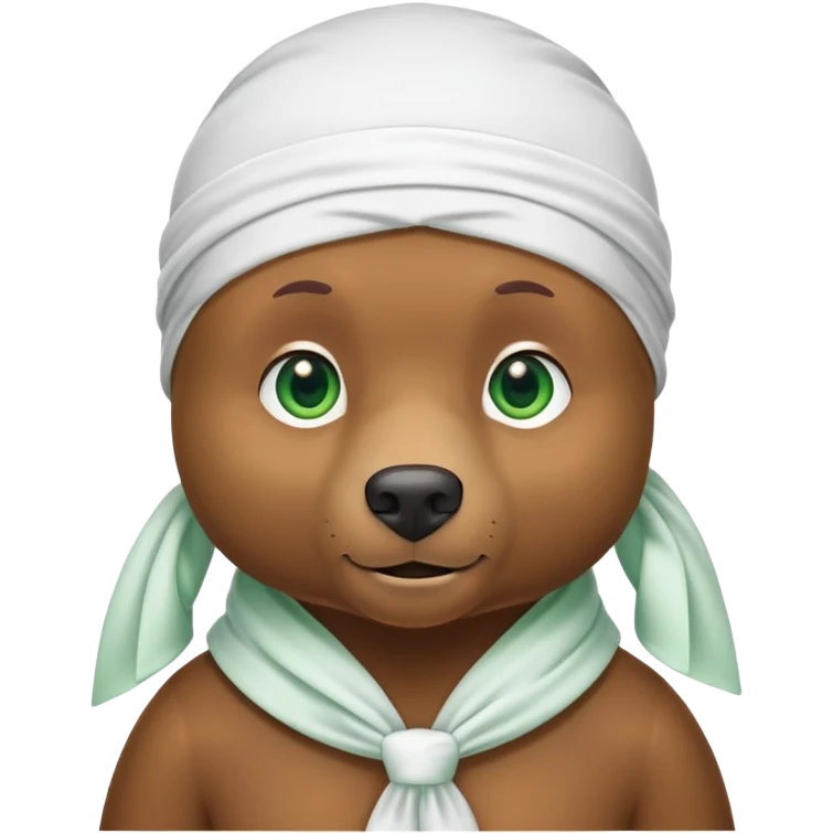 Cool brown bear with confident expression and green eyes wearing a crisp white durag with the ties showing, iOS emoji style emoji
