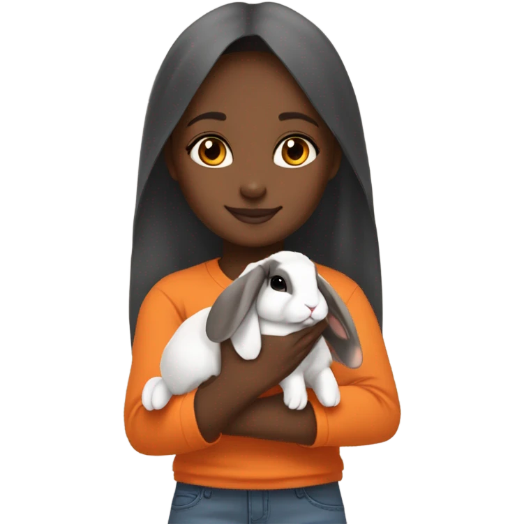 Black Muslim girl holding her cute orange, gray, and orange/black/white mix holland lop rabbits emoji